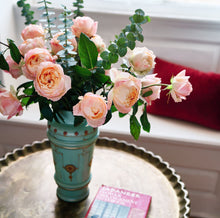 Load image into Gallery viewer, Scentifolia Roses Variety: Princess Aiko in tall vase with book
