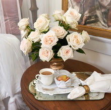 Load image into Gallery viewer, Scentifolia Roses Variety: White O&#39;Hara in vase on table with breakfast tray
